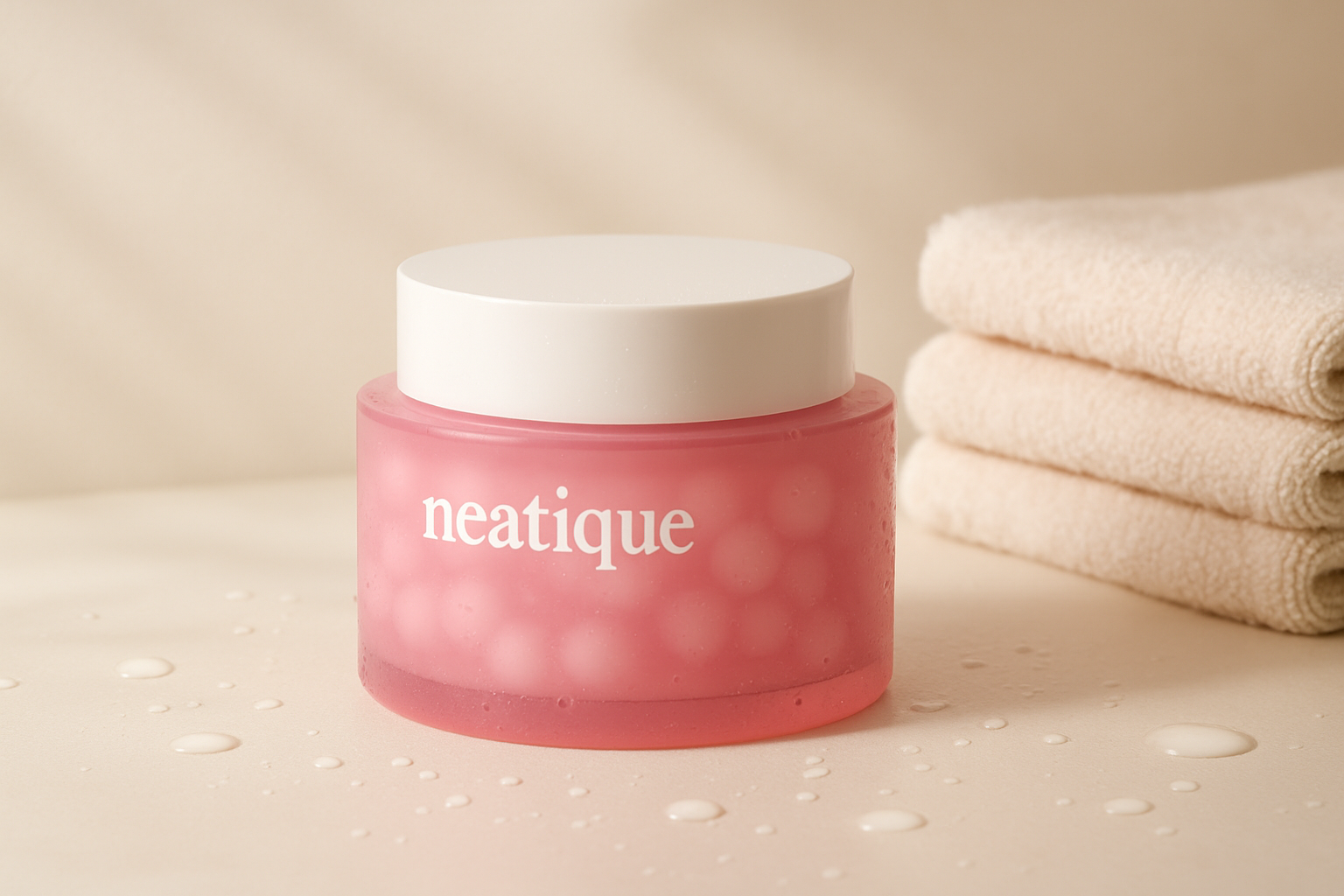 Editorial skincare flat lay featuring a creamy white moisturizer jar, soft neutral towels, and dewy skin-inspired textures on a clean beige-